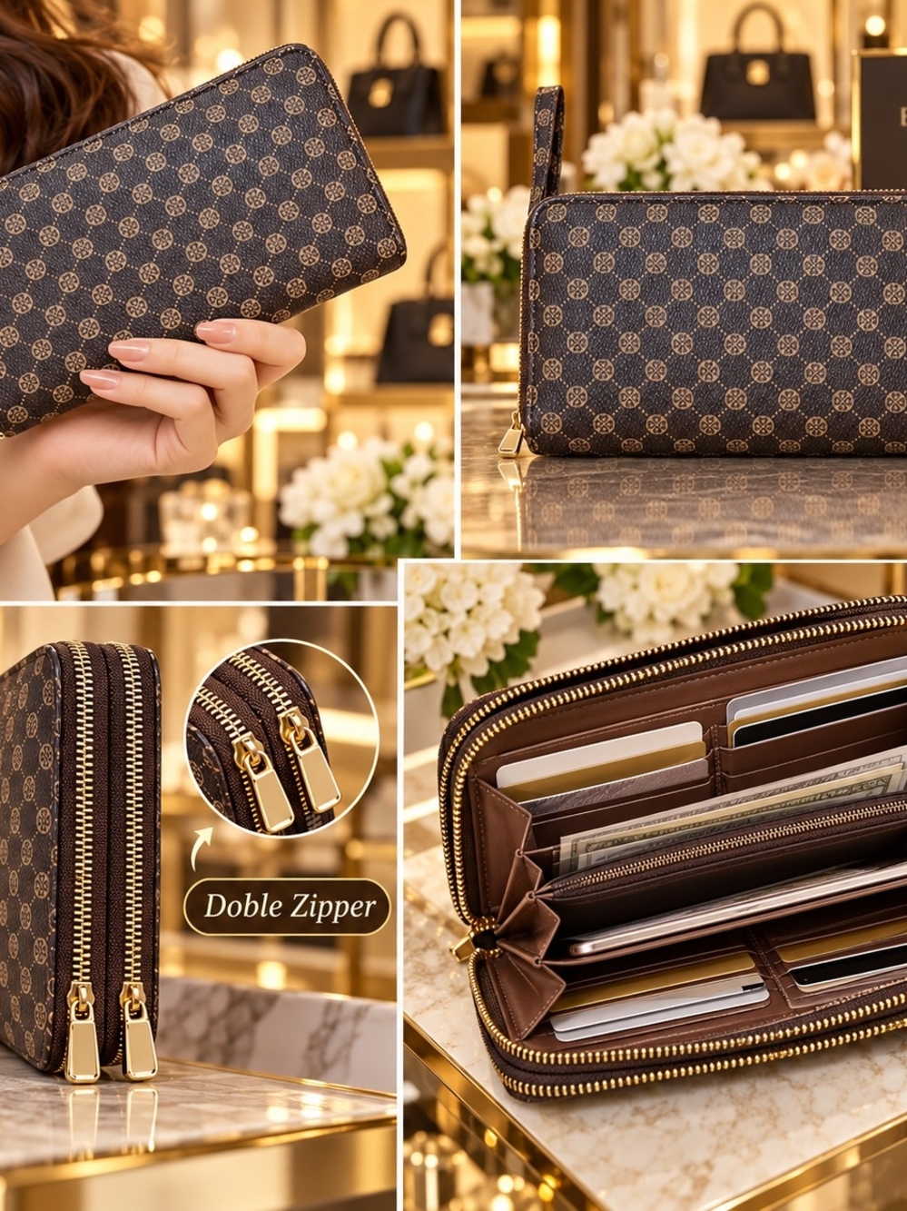 Double-Zip Brown Patterned Women’s Wallet